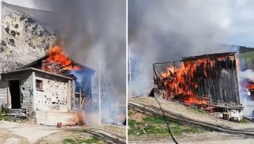 Mudurnu'da bir köy  yangınla mücadele ediyor